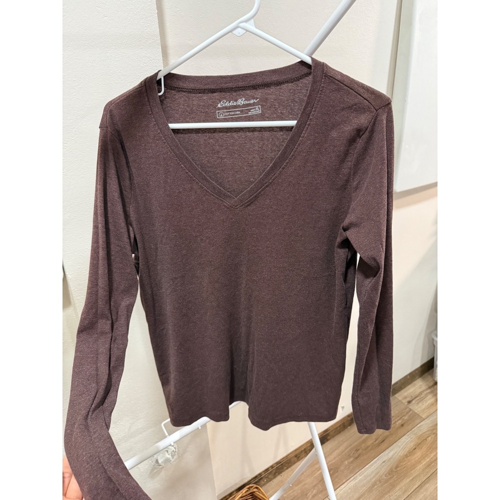Eddie Bauer Womens XL Brown V-Neck Long Sleeve Cotton Blend Tee Shirt Casual Top